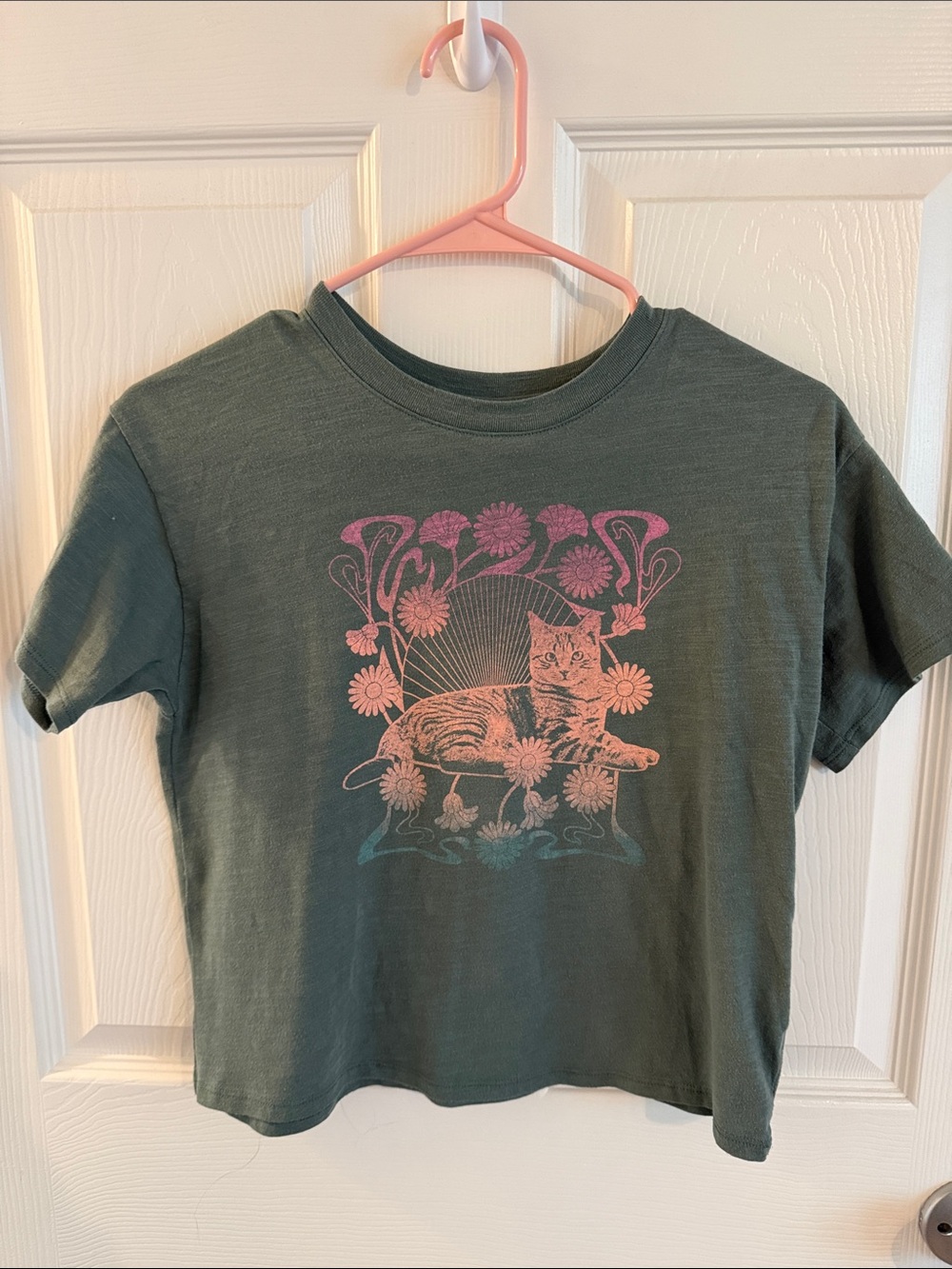 SO Olive Green Tee with Pink Cat & Floral Graphic
